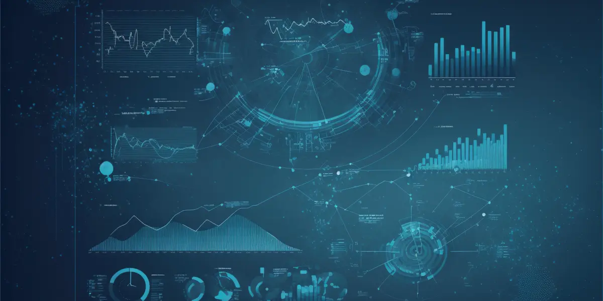 A futuristic digital interface displays various data visualizations, including graphs, charts, and network diagrams on a dark blue background.