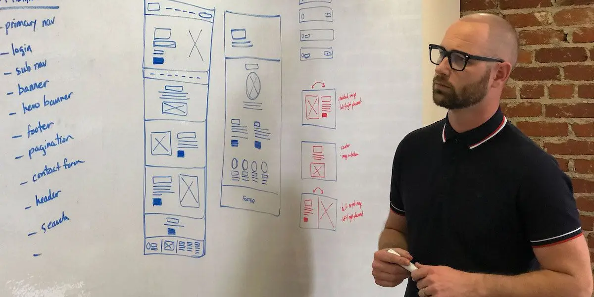 A Hounder CTO stands in front of a whiteboard analyzing wireframe sketches and planning a website layout.