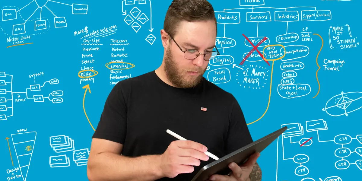 Person uses a tablet and stylus to diagram a complex digital strategy flow on a vibrant blue background.