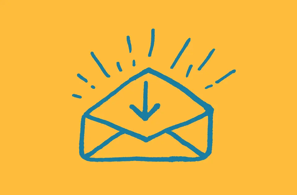 Blue hand-drawn envelope icon with a downward arrow and accent lines on a yellow background, symbolizing incoming messages or email notifications.