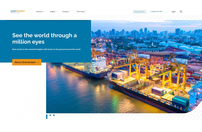 The Everstream Analytics homepage displays a vibrant port scene with the tagline “See the world through a million eyes.”