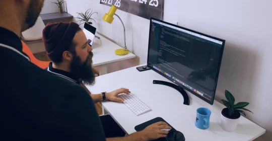 A developer writes and reviews code on a widescreen monitor in a minimal, plant-filled workspace.