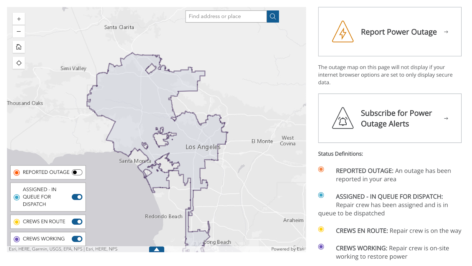 Interactive map showing reported power outages across the Los Angeles area with status filters, outage definitions, and options to report outages or subscribe to alerts.