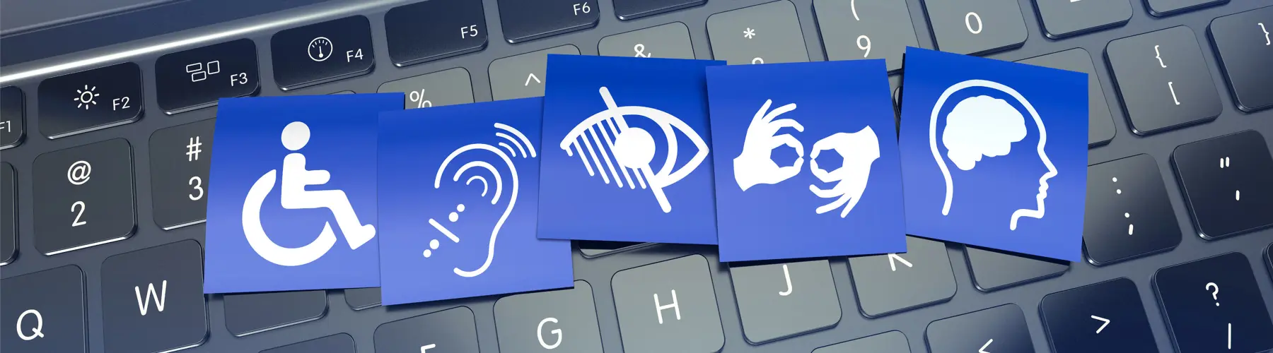 Accessibility icons on a keyboard background.