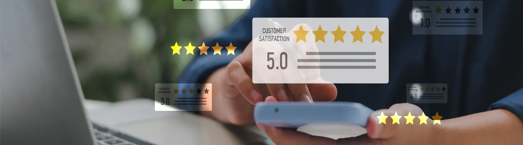 Hand holding a phone with a 5-star rating overlay.