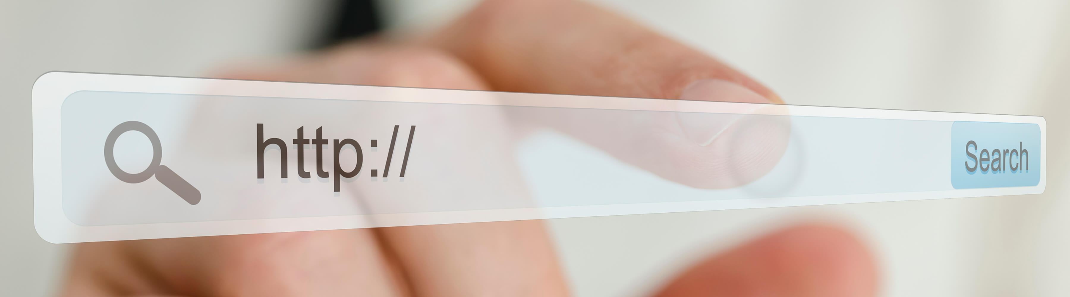 Search bar with a hand behind touching glass, displaying "http://".