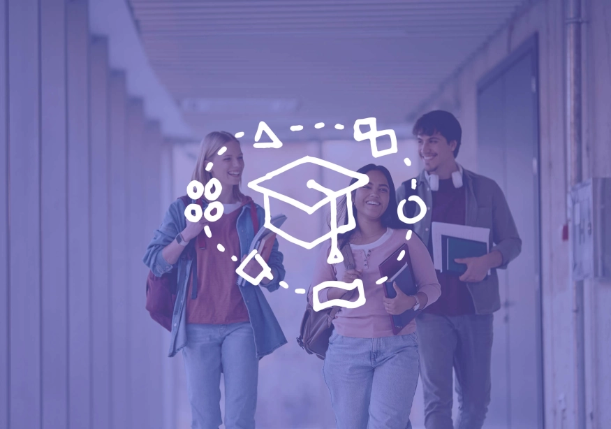 Young students walking in a hallway, overlaid with a graduation cap graphic.