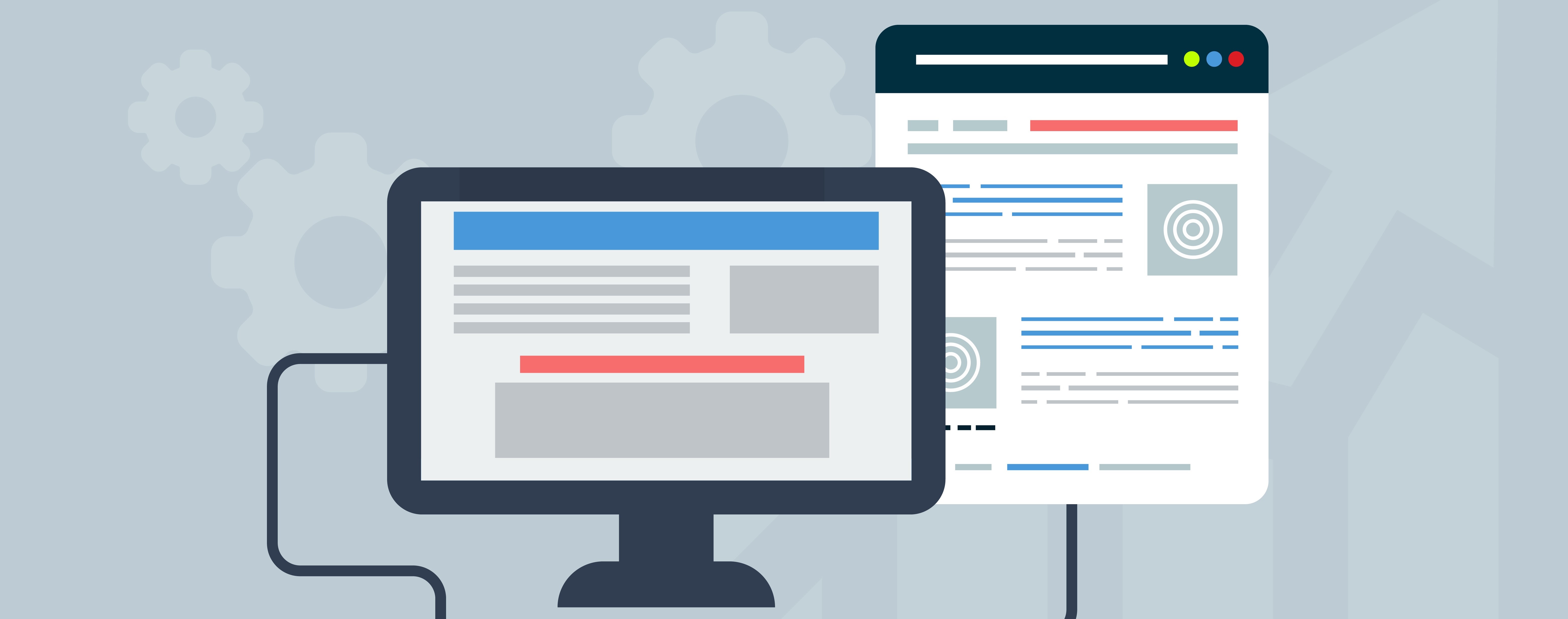 Computer and tablet with connected web pages and gear icons.