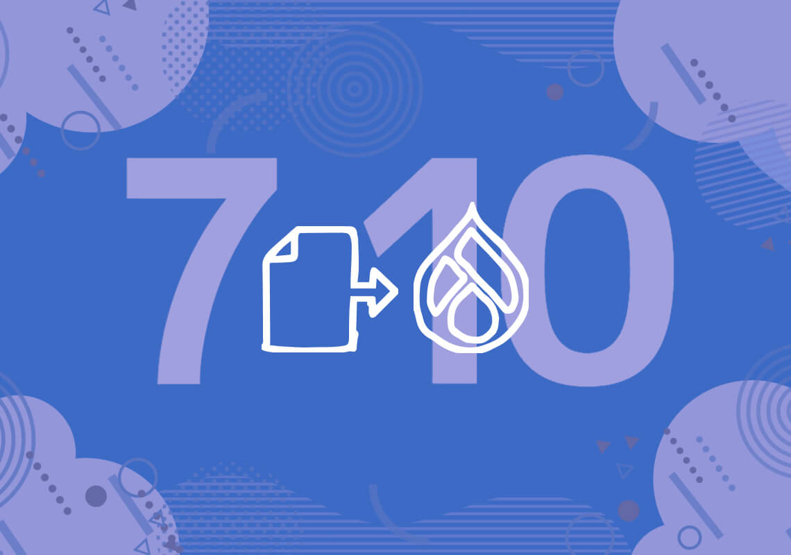 Laptop displaying "Upgrade to Drupal 10" with Drupal logo on screen.