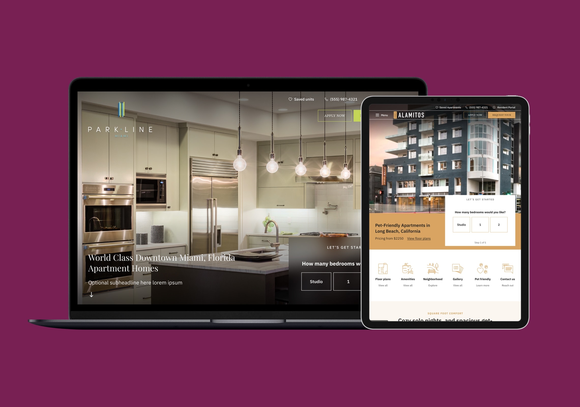 Laptop and tablet showcasing luxury apartment websites on a purple background.