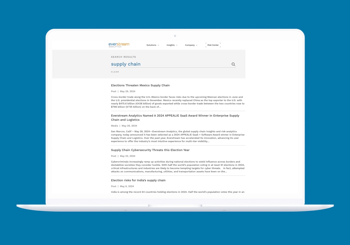 Laptop screen displaying Everstream Analytics search results for "supply chain."