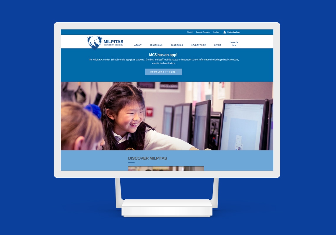 Milpitas Christian School website highlighting mobile app and student engagement.