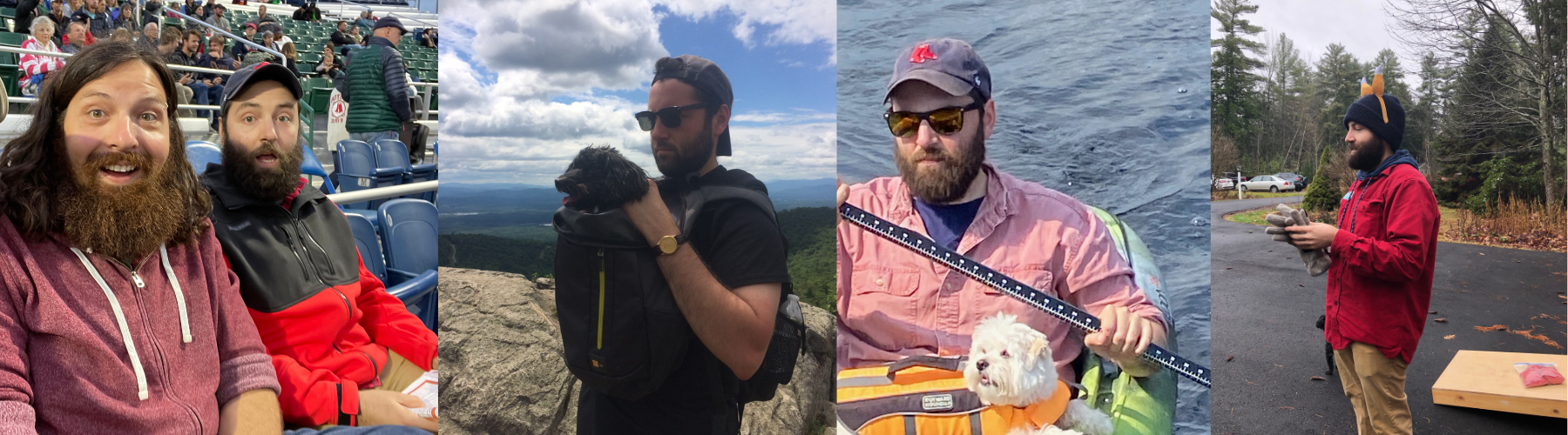 Four outdoor scenes featuring bearded men in various activities, including hiking and kayaking with dogs.