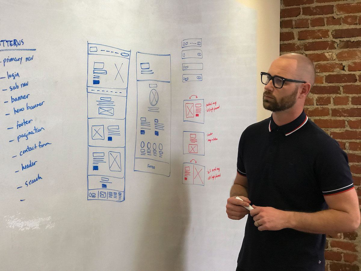 Man designing website layout on whiteboard in modern office.