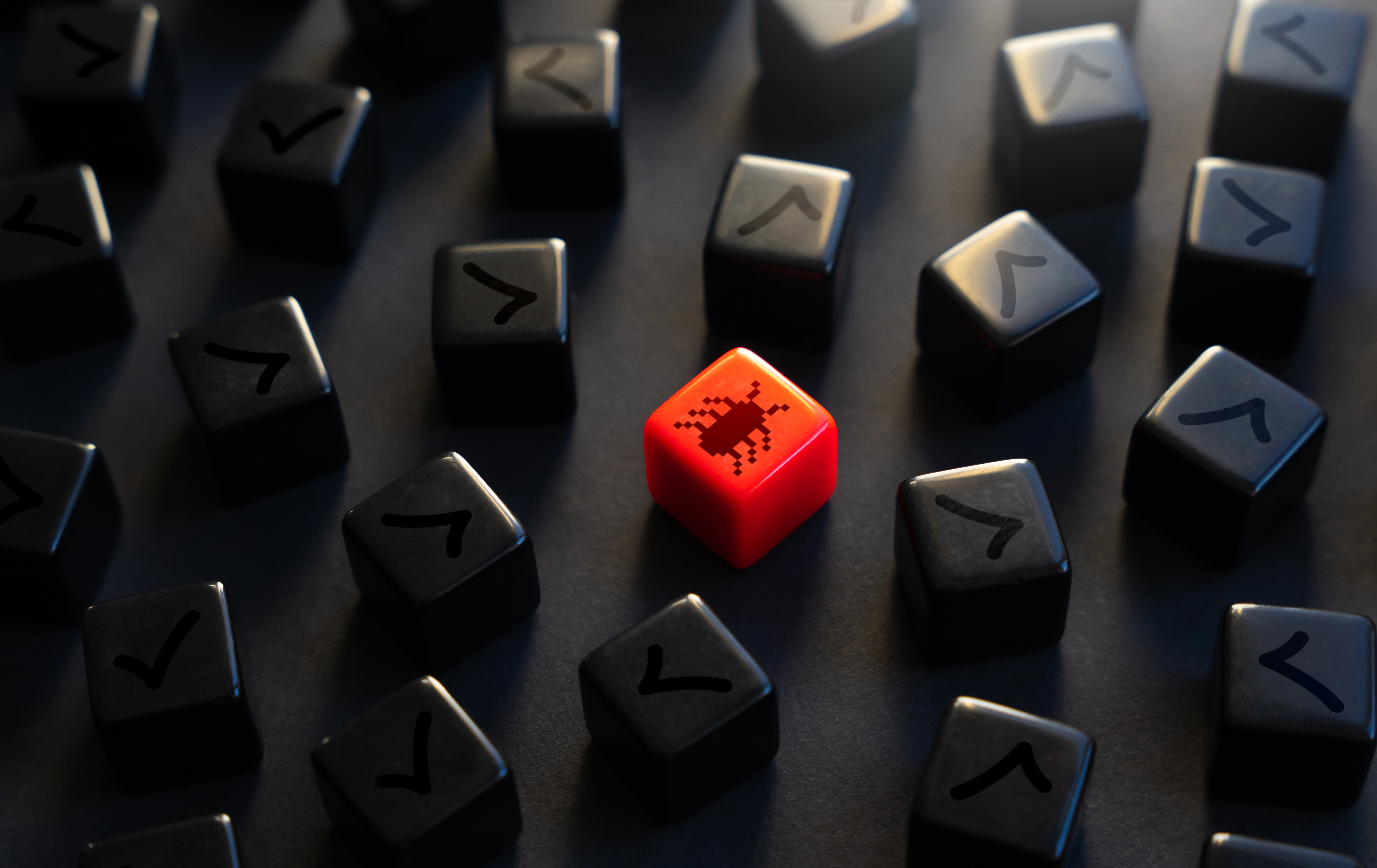 Red block with bug icon among black checkmark blocks symbolizing tech issues.