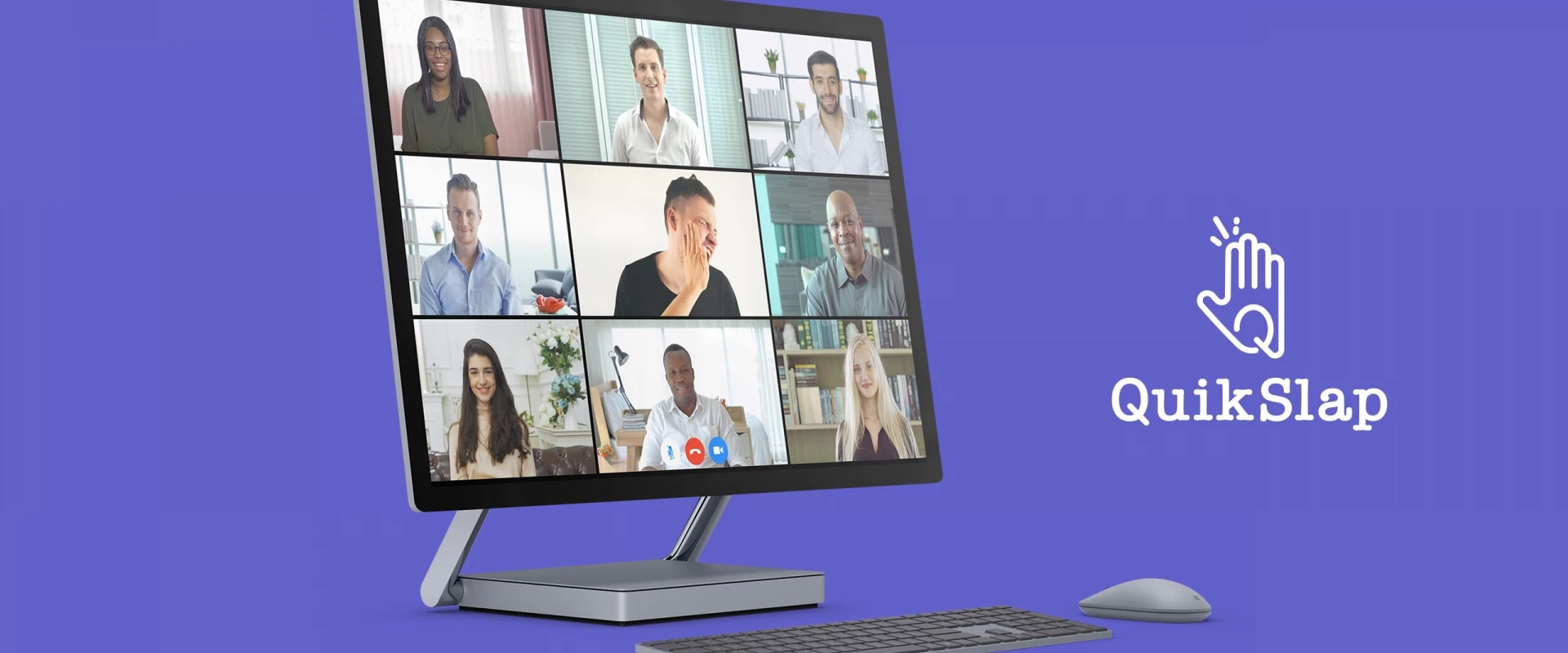 Video call on computer screen with QuikSlap logo on purple background.