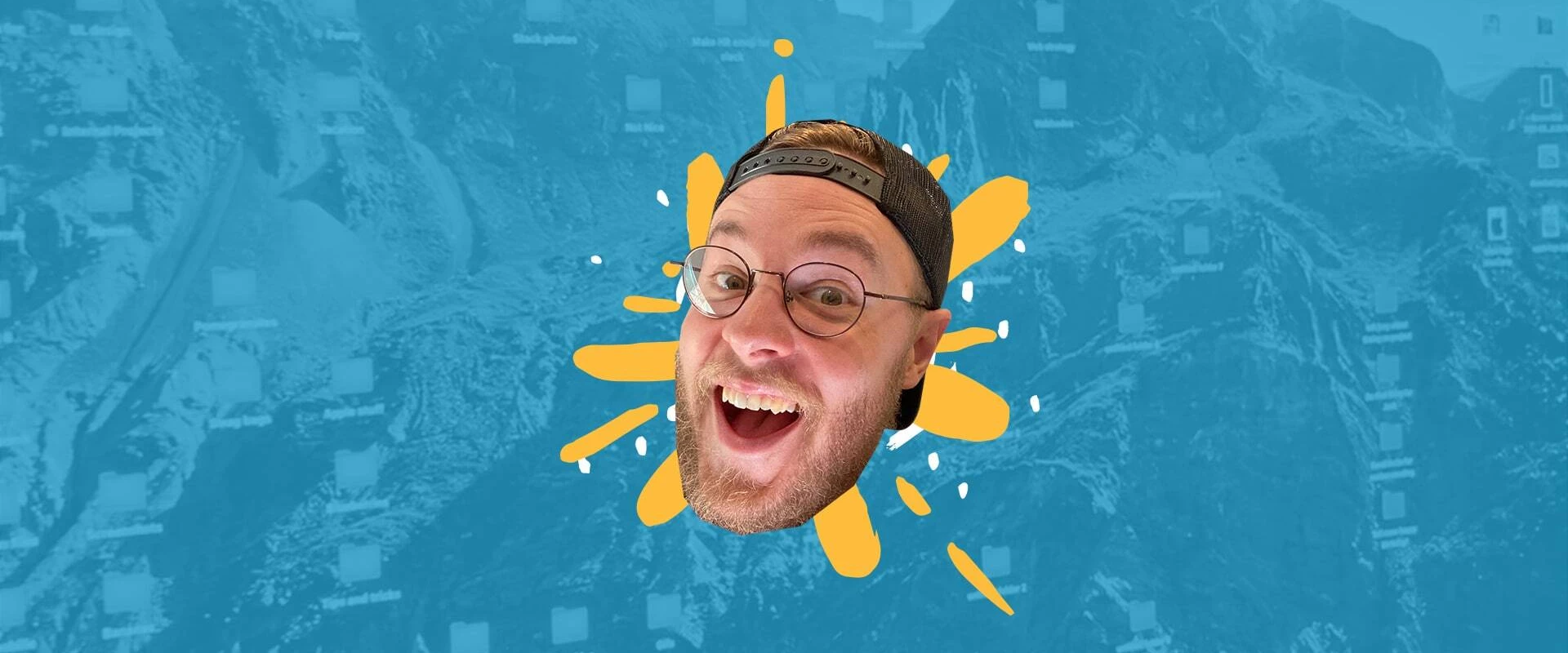 Smiling man with glasses and cap on colorful blue background.