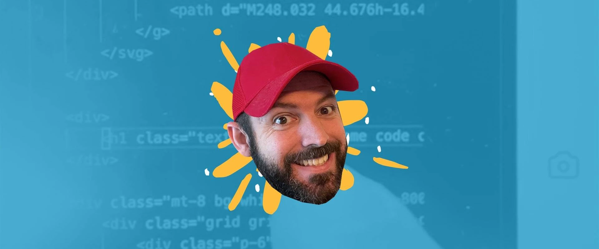 Smiling man in red cap overlaid on coding background with yellow splash.