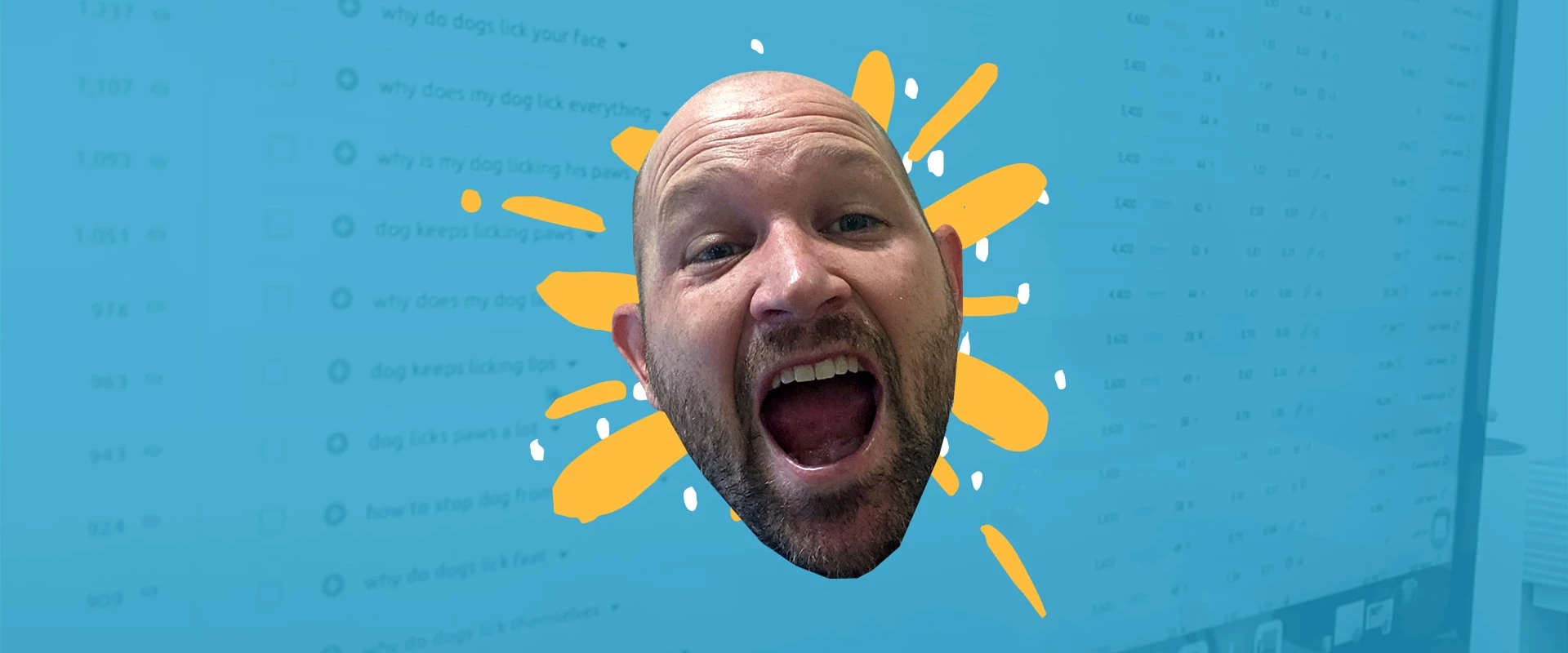 Smiling person with graphic background of search queries.