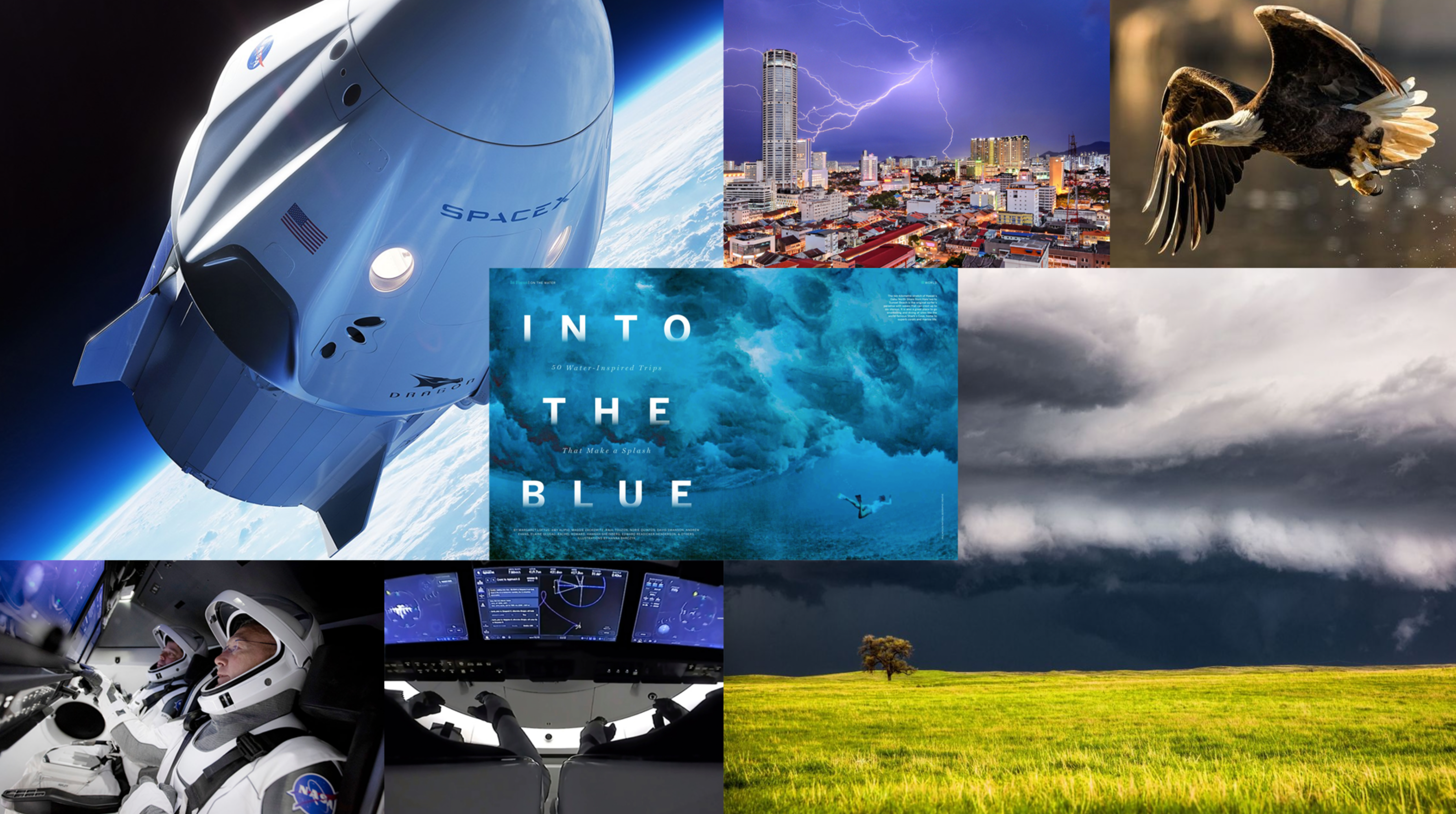 Collage of space exploration, a stormy cityscape, an eagle in flight, and dramatic skies.