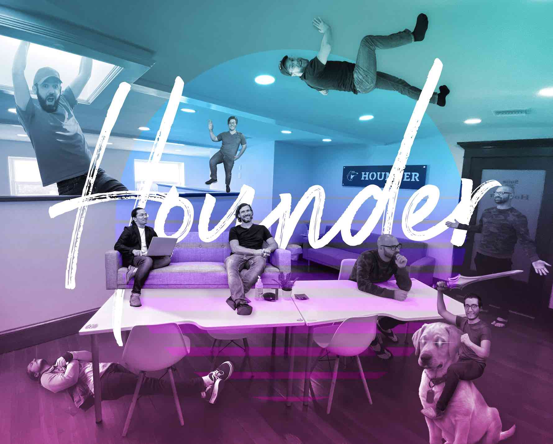 Creative office scene with floating people and giant dog in a colorful room with "Hounder" text overlay.