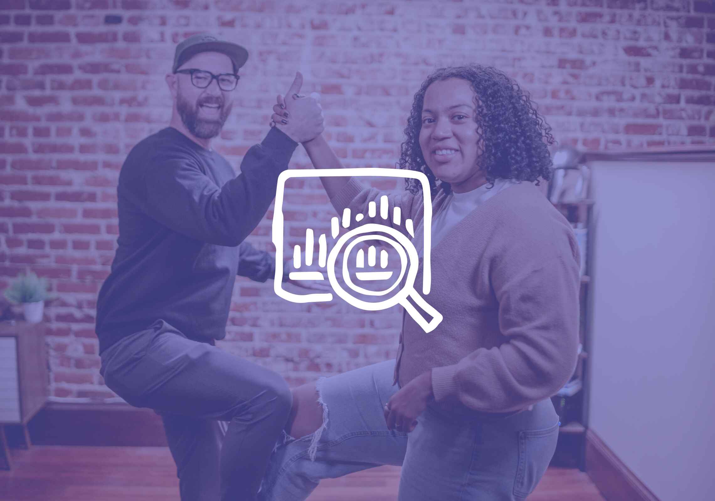 Two people giving a thumbs-up by a brick wall, overlay of a magnifying glass and graph.