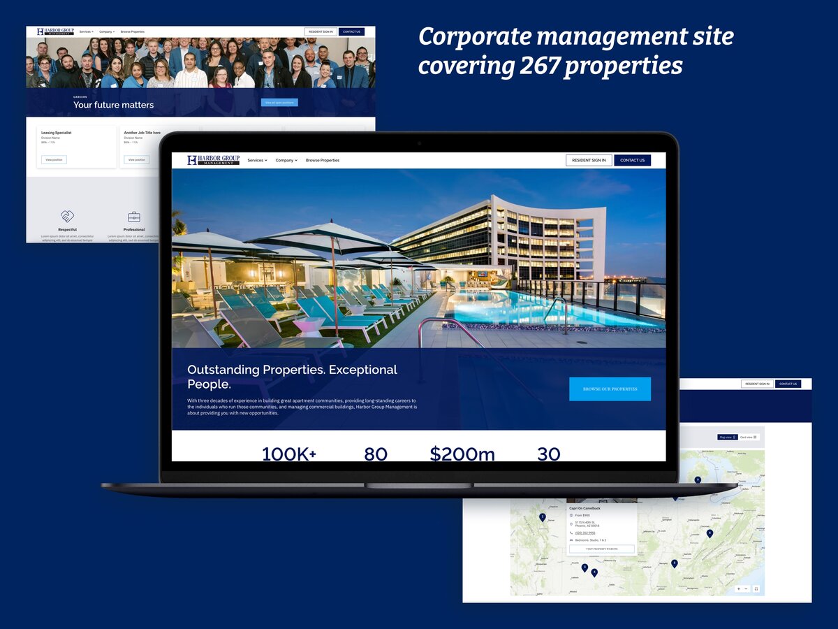Corporate management website showcasing properties and career opportunities.