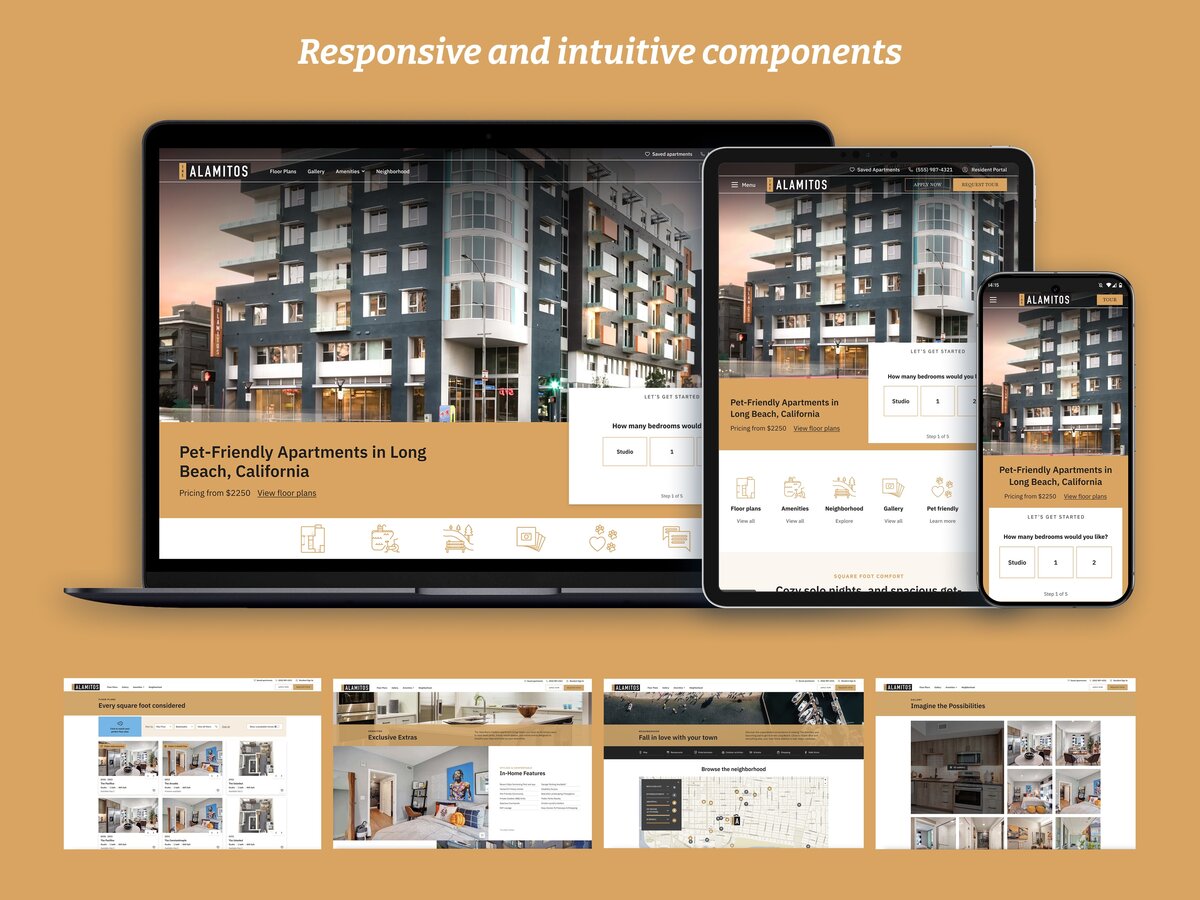 Website showcasing pet-friendly apartments in Long Beach on various devices.