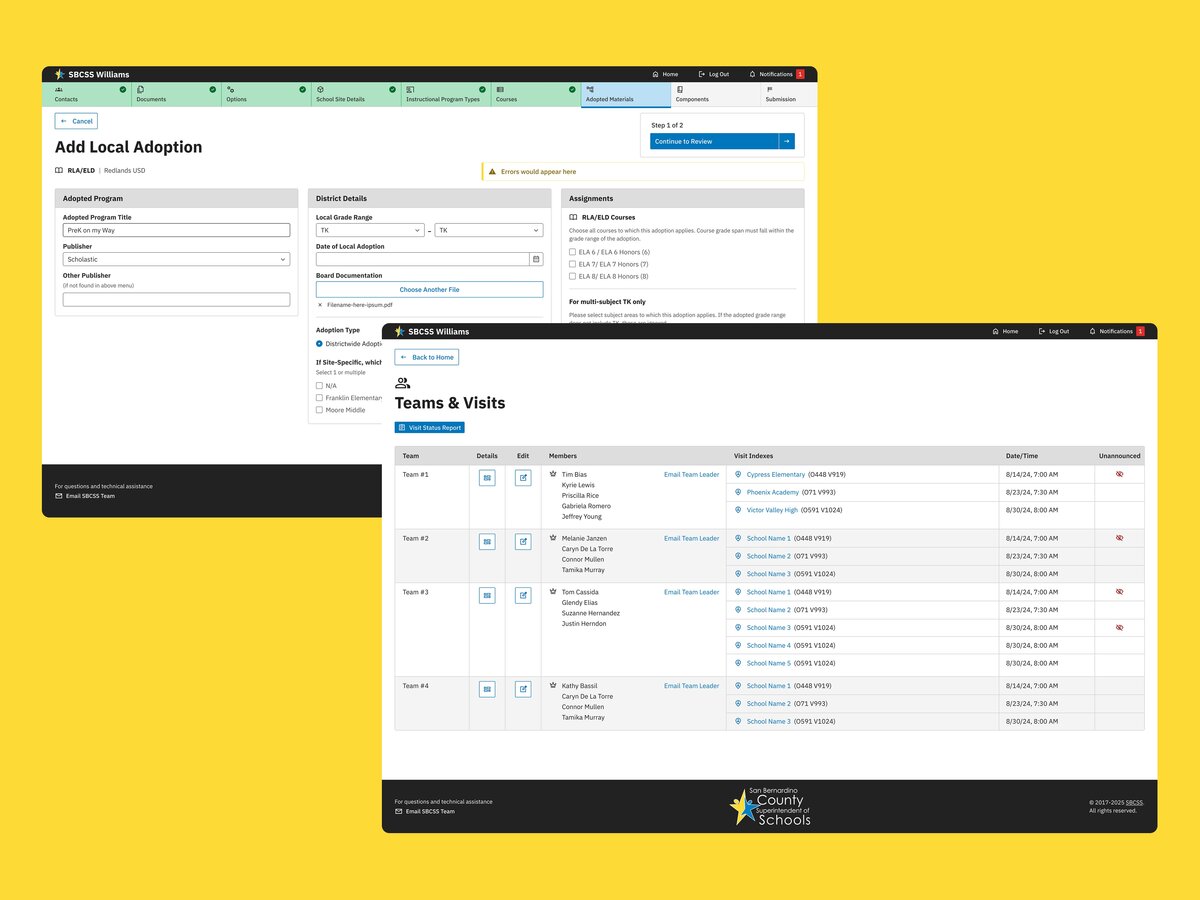 "School management software interface for local adoption and team visits."