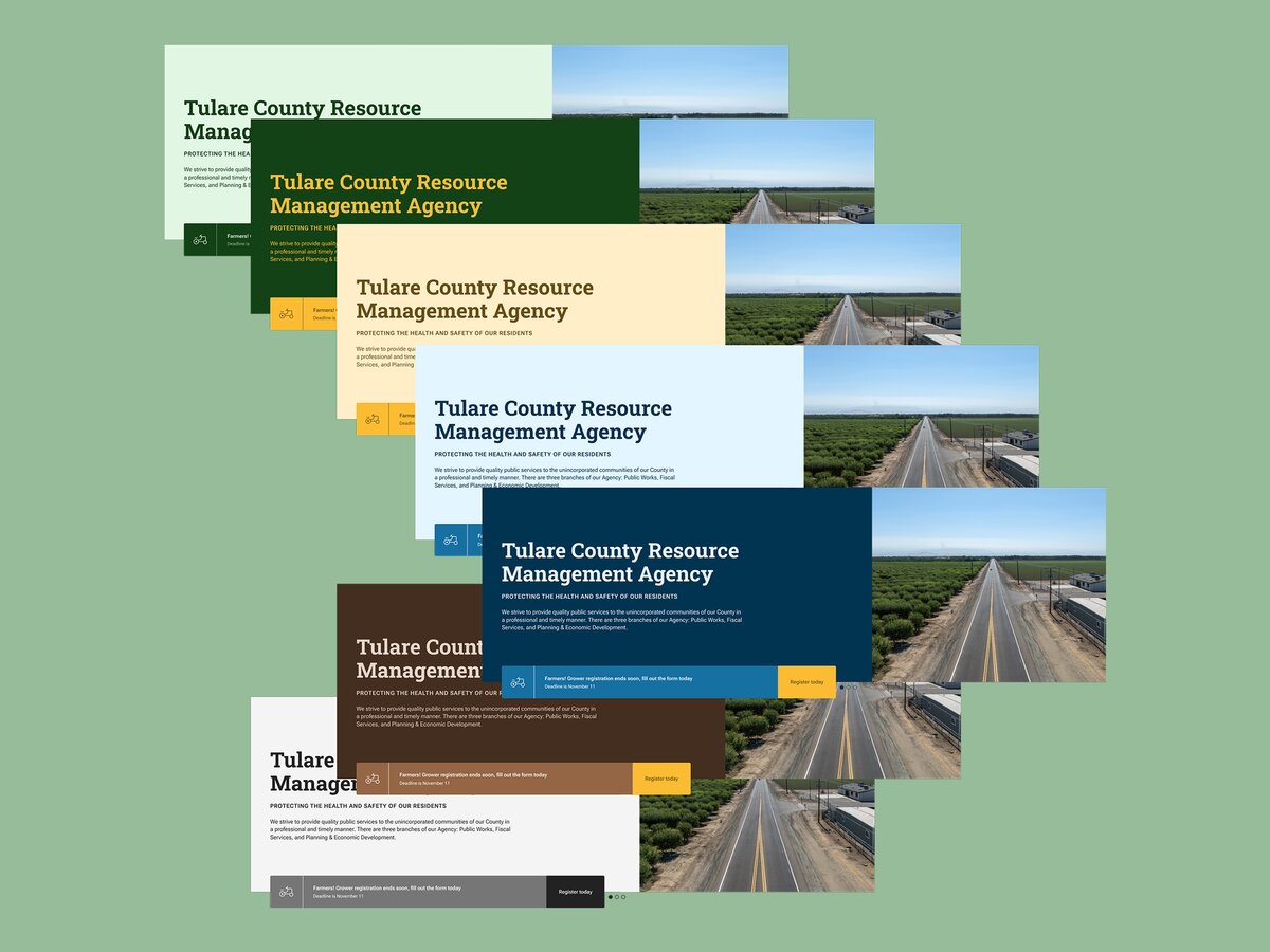Tulare County Resource Management Agency website designs in various colors with road imagery.