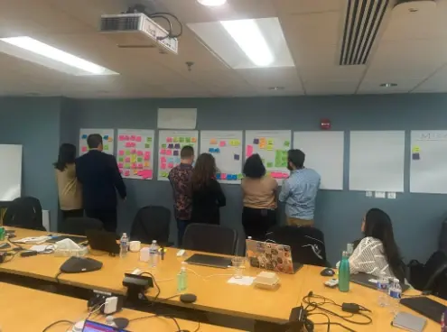 Team members working on sprint plans for initial onsite discovery workshops.