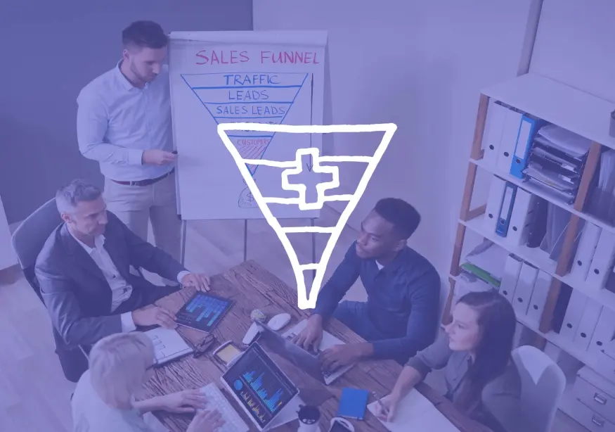 People in a meeting room with a sales funnel chart.