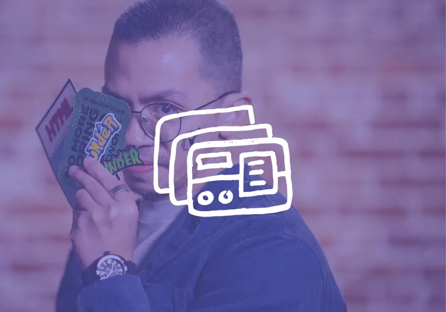 Man holding a comic book to his face with a digital overlay in front.