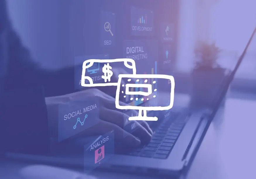 Laptop with digital marketing icons overlay; hand typing.