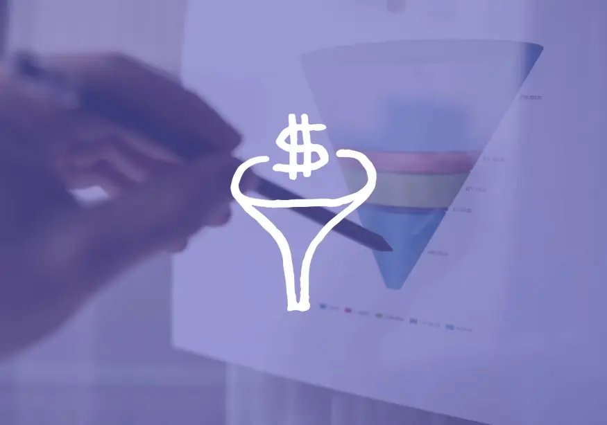 Hand pointing at sales funnel diagram with dollar sign icon.