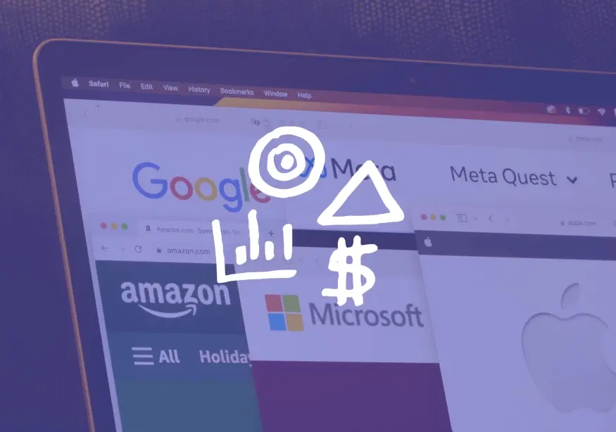 Laptop screen showing Amazon, Google, Microsoft, and Apple logos with doodle graphics.