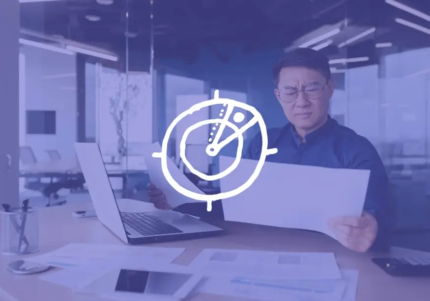 Man in office reading papers, blue overlay with clock graphic.