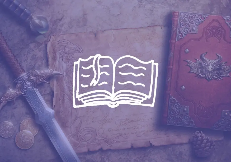 Sword, leather book with emblem, and coins on parchment.