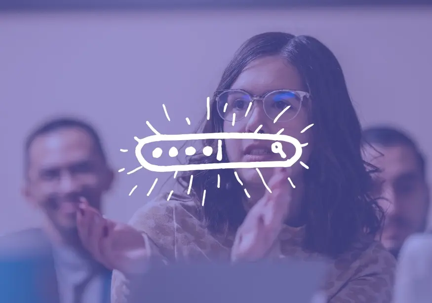 Woman with glasses clapping, overlaid with a drawn search bar icon.