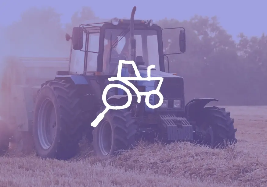 Tractor in a field with a tractor search icon overlay.