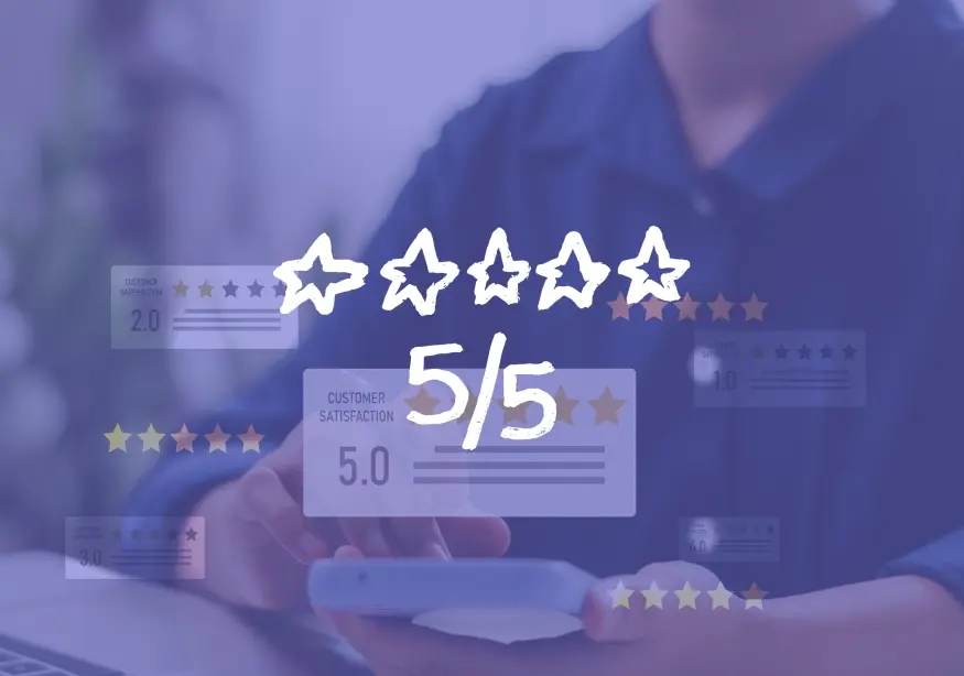 5-star rating overlay with blurred person using a phone.