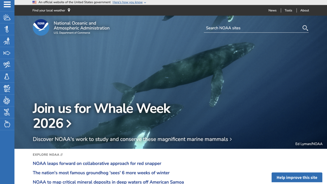 NOAA's website featuring whales swimming underwater in deep blue ocean, text overlay for Whale Week event.