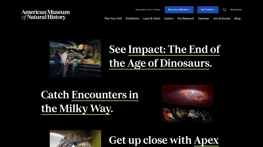 Website screenshot with museum exhibits and celestial images.