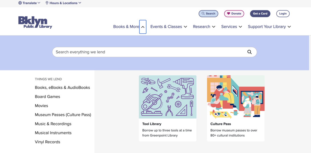 Brooklyn Public Library website homepage with search bar and colorful graphic links.
