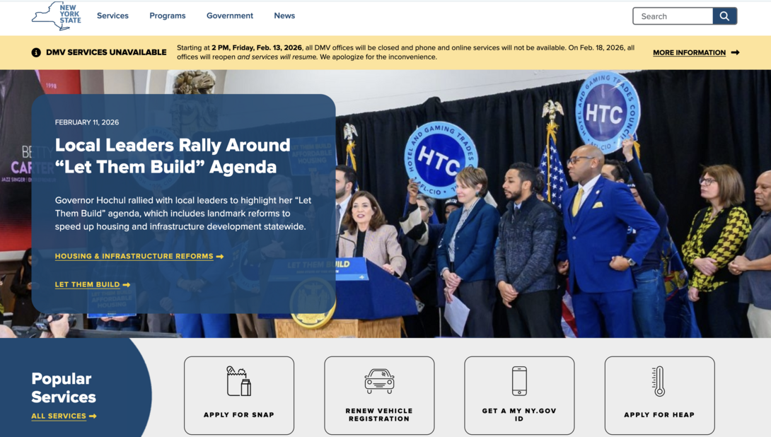 A screenshot of New York State's government website homepage