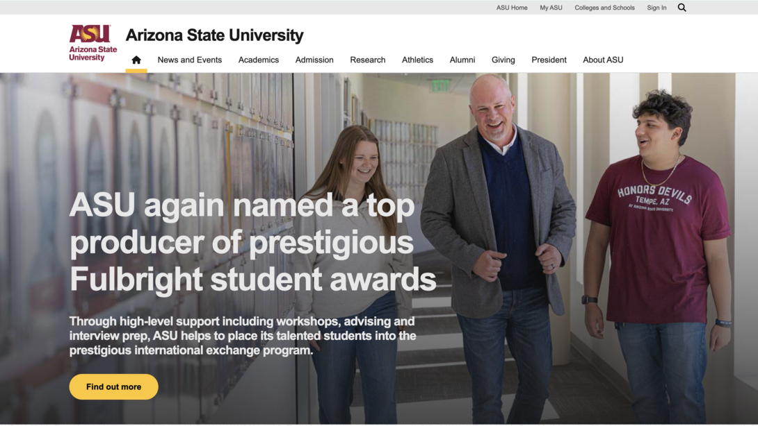 The Arizona State University's website homepage.