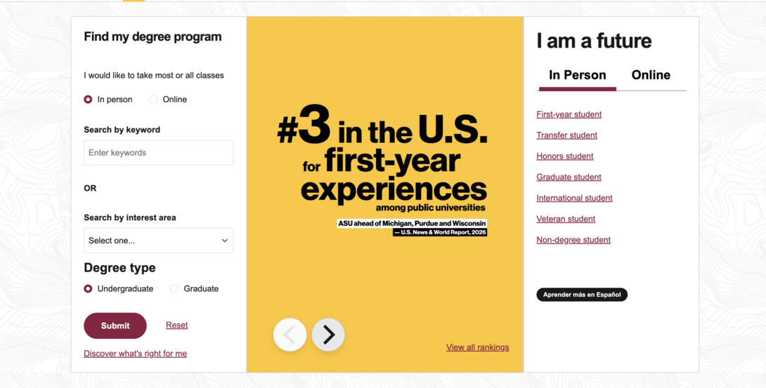 Arizona State University's program filtering functionality on their website.