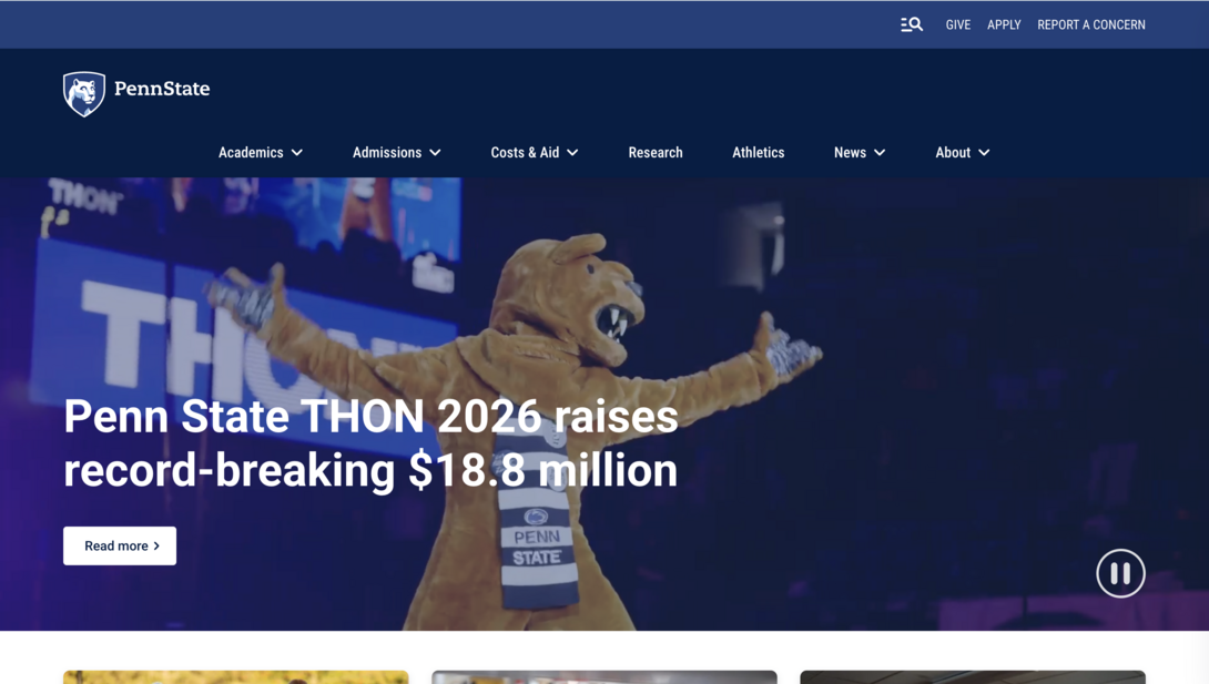 Penn State mascot on stage celebrating THON 2026 on the website homepage.
