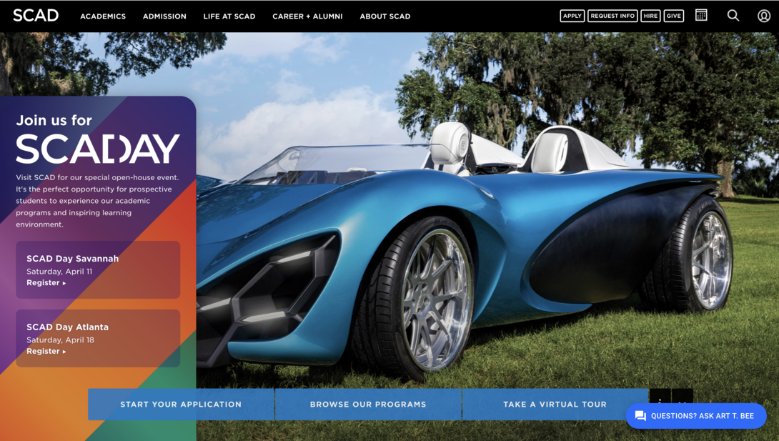 SCAD website homepage screenshot.