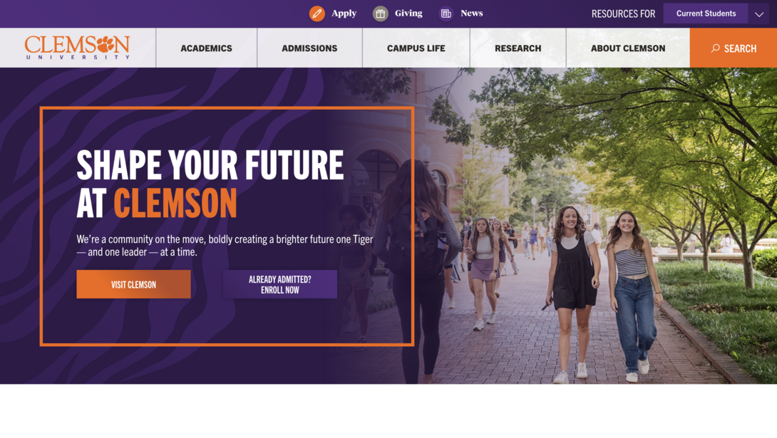 Clemson website homepage.